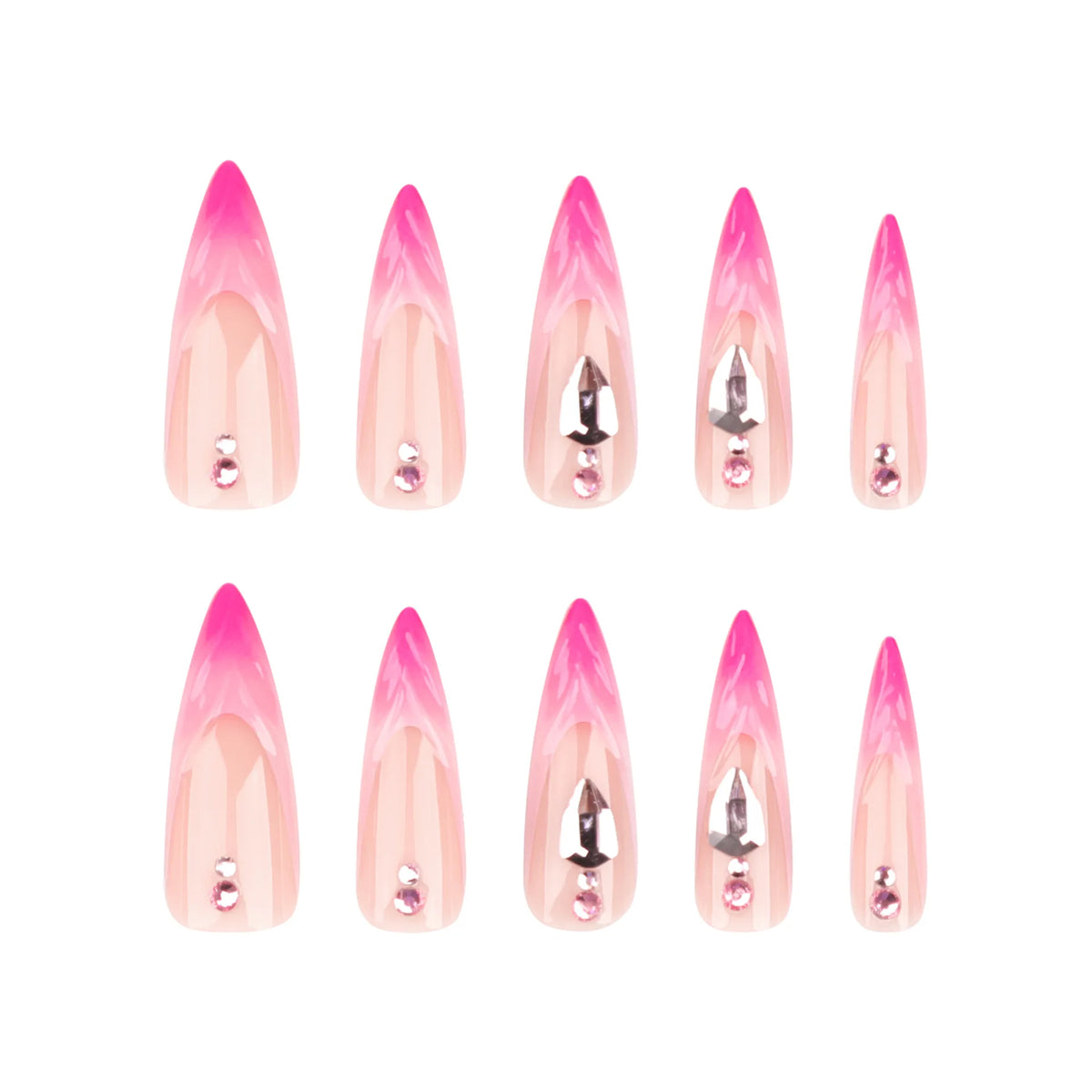 24Pcs Long Stiletto Almond Head Fake Nails with Rhinestone Design Wearable Pink French Press on False Nails Jelly Stick-ons