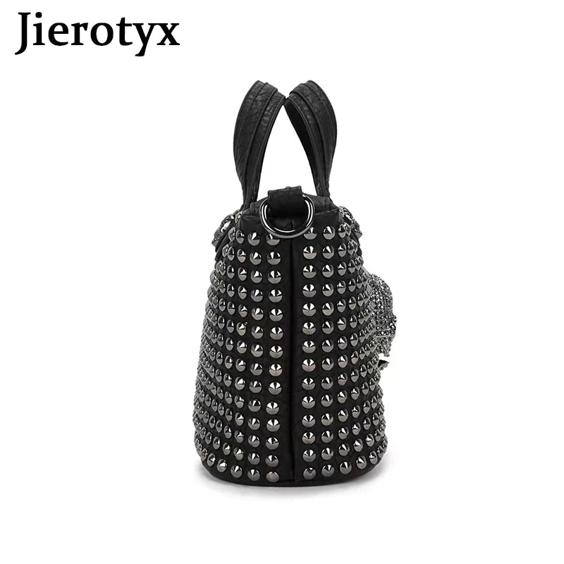 JIEROTYX Women Handbag – Casual Punk Skull Purse, Leather Top Handle with Rivets, Shoulder Crossbody Bag, Studded Gothic Design, Long Strap