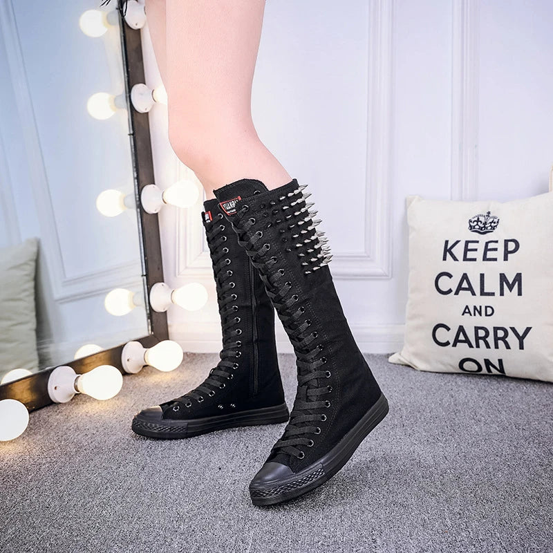 Women’s Canvas Mid-Calf Boots - Punk Rivet Slip-On Flat Sneakers, Casual Comfortable Outdoor Shoes