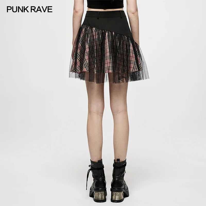 PUNK RAVE Women's Mesh Panel Plaid High-Waist Short Skirt - College Style A-Line Mini Skirt for Spring/Summer