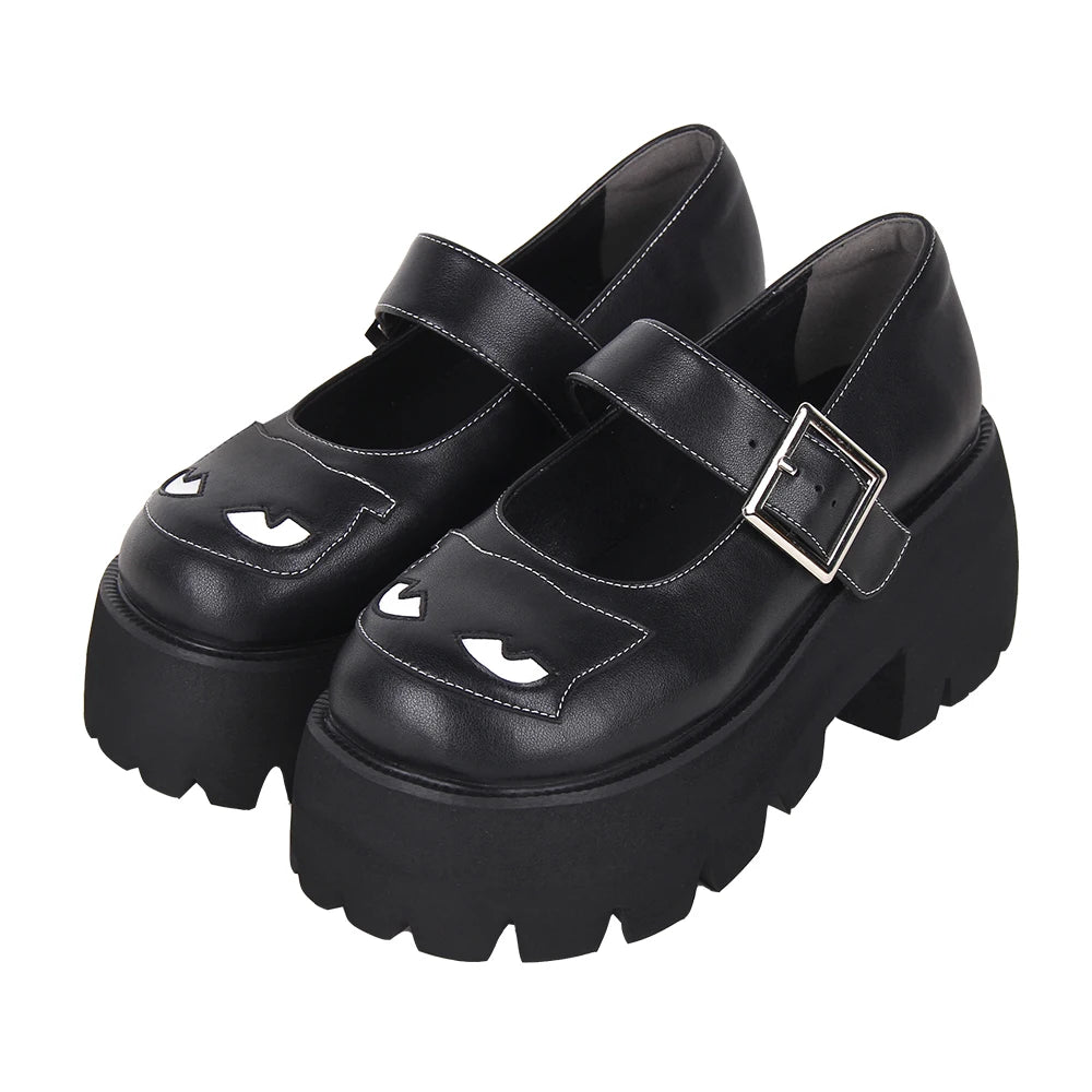 Women’s and Girls’ Lolita Punk Rock Mary Jane Shoes - Chunky Low Platform with Black Cat Accents