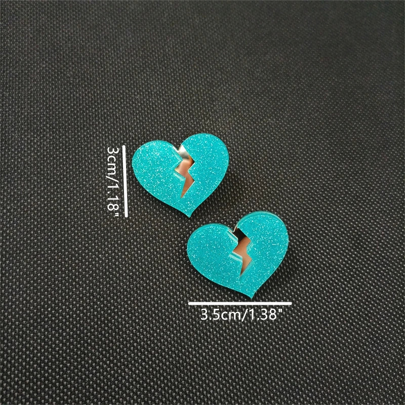 KUGUYS Cute Heartbreak Stud Earrings Women Glitter Acrylic Blue Pink Classic Jewelry Accessories