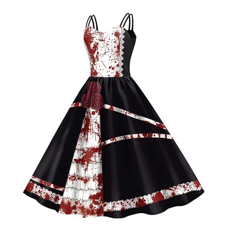 Vintage Halloween Pleated Dresses Women Casual Sleeveless Scary Printed Slip Dress Loose Lady Festival Party Spring Summer