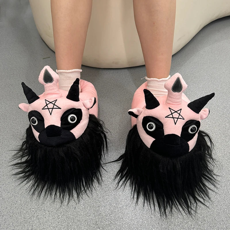 Highland Cow Diablo Series Plush Slippers – Horror-Themed Fluffy House Shoes, Dark Lord King Design