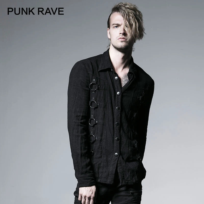 PUNK RAVE Rock Fashion Curde Grain Punk Heavy Vintage Metal with Iron Hoop Men Black Long Sleeve  Shirts Tops Harujuku