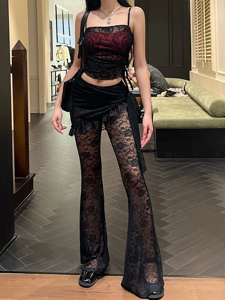 InsGoth Gothic Lace Flared Trousers Two-Piece Suit | Women’s Asymmetric Apron Harajuku Retro See-Through Wide Leg Printed Pants