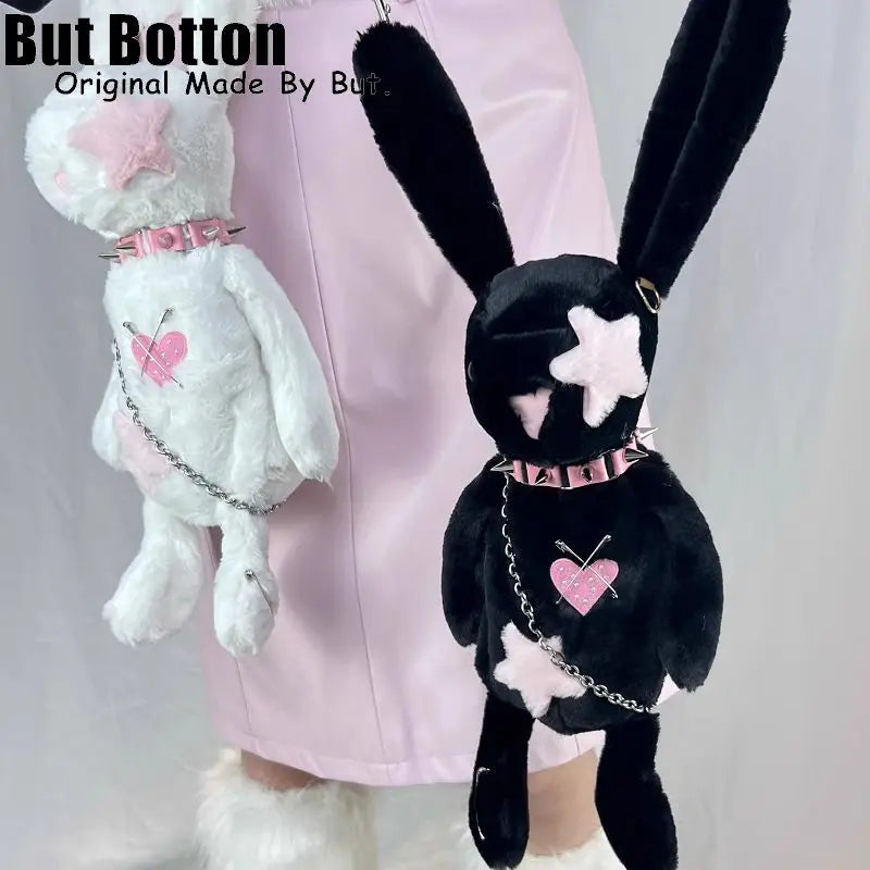 Gothic Bunny Doll Shoulder Bag: Y2K Metal Punk Pin Decorated Backpack Handbag with a Touch of Devilish Charm