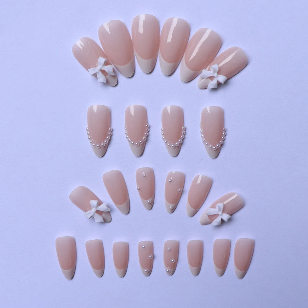 24pcs press on nails short almond bowknot black press on nails white pearl sweet french tip press on nails cute nails cheap nail