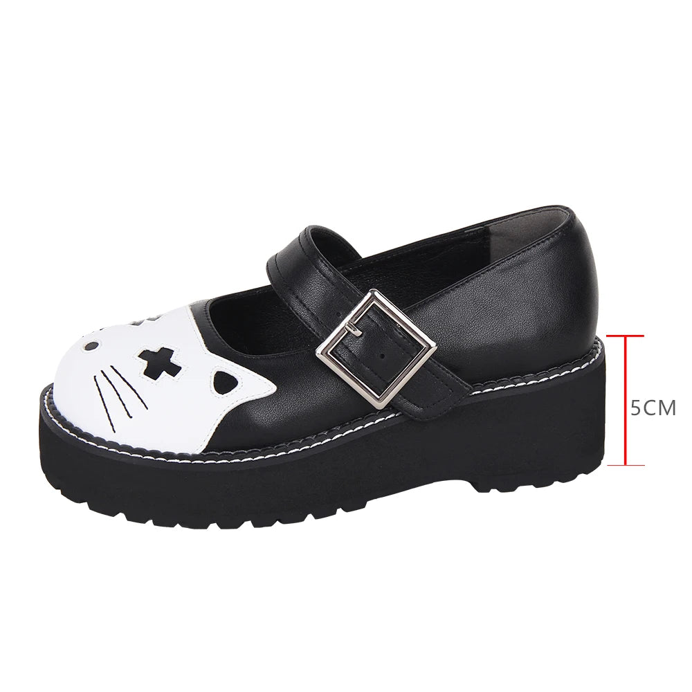 Women’s and Girls’ Lolita Punk Rock Style Mary Jane Shoes - Low Platform with White Kitty Cat Toe Accent and Buckle Detail