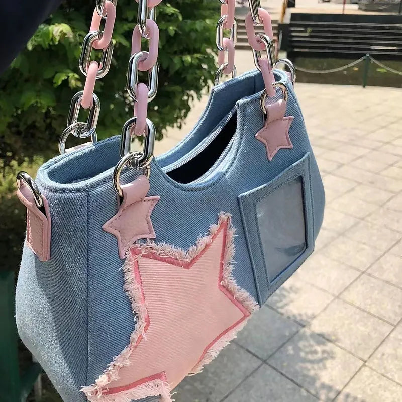 2024 Harajuku Star Denim Tote Bag - Luxury Chain Square Handbag for Women