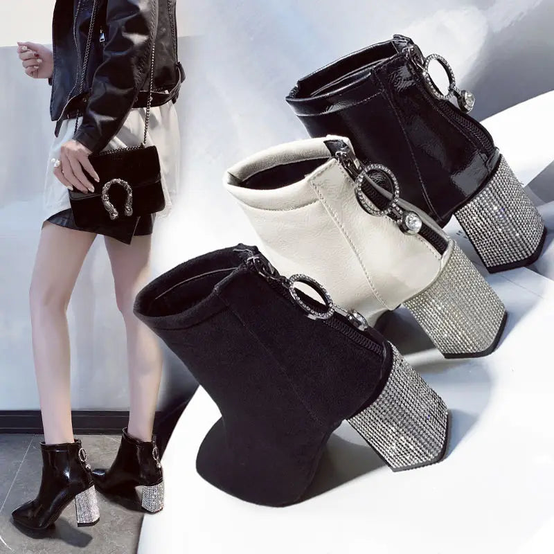 Women’s Square Toe High Heeled Boots - 2023 Fall/Winter Rhinestone Chunky Heel Short Booties