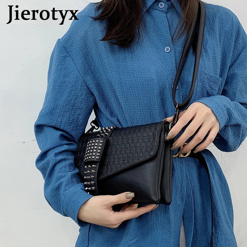 JIEROTYX Vintage Skull Print Women's Handbag - Black Leather Punk Flap Shoulder Bag with Rivet Buckle Details