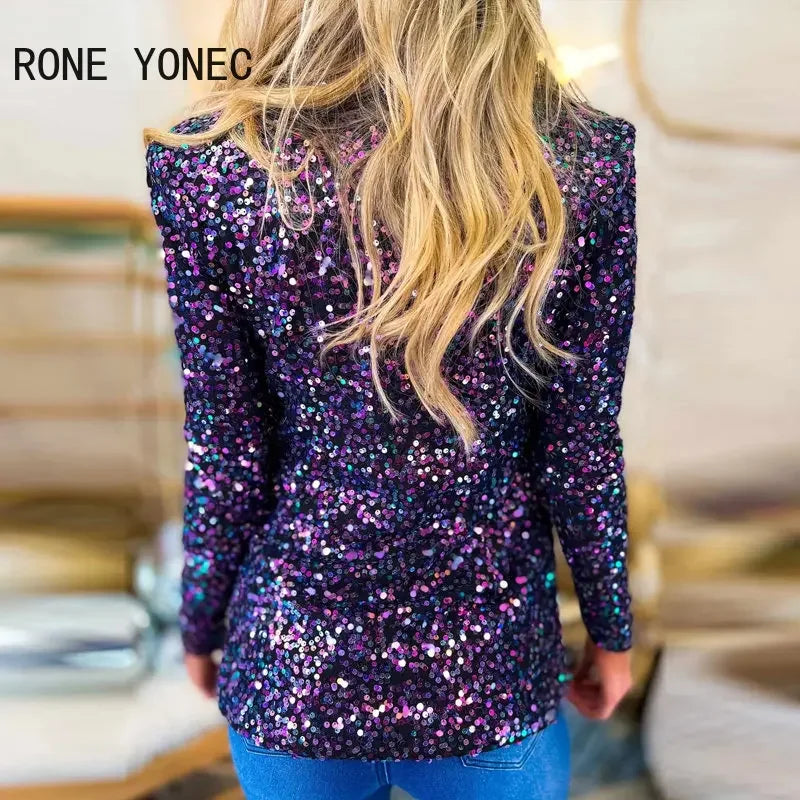 Women Elegant Sequined Club Blazer - Notched Collar, Open Stitch, Long Sleeves