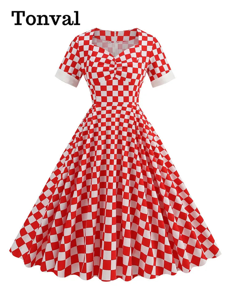 Tonval Red and White Plaid Rockabilly 50s Retro Dress Sweetheart Neck Women Summer Ruched Front Vintage Cotton Long Dresses