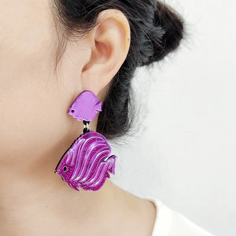 Striped Tropical Fish Summer Mirror Earrings for Women - Acrylic Glitter Blue Hot Pink Cute Jewelry Fashion Accessories by KUGUYS