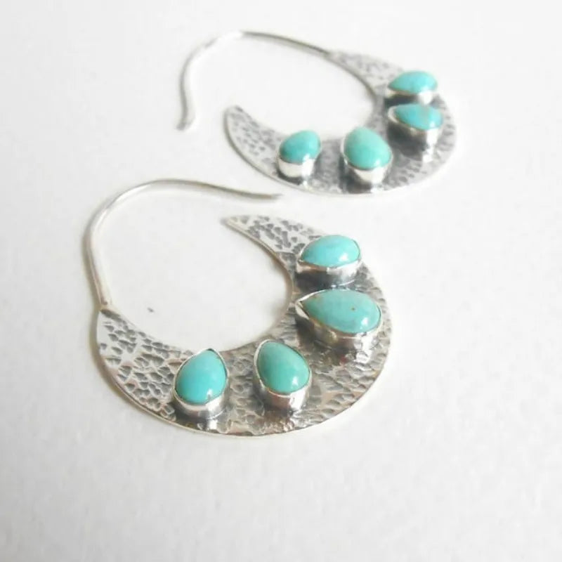 Silver Color Hoop Turquoise Gemstone Earrings Unique Handmade Jewelry