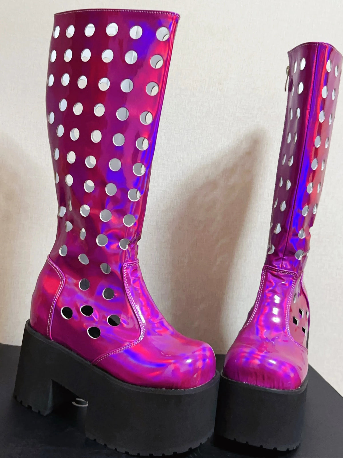 Women's Punk Princess Rhinestone Laser Purple Platform Club Boots