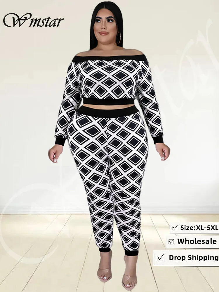 Wmstar Plus Size Two Piece Outfits Women Fall Clothing Plaid Print Top and Pants Sets Casual Matching Set Wholesale Dropshipping