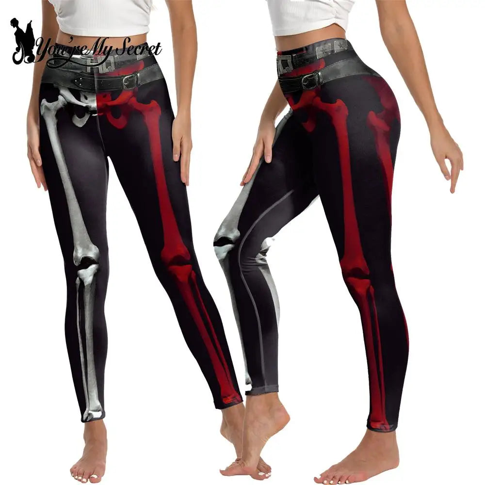 [You're My Secret] Halloween Spandex skeleton Print Woman Elastic Pants Tights Trousers Slim Fitness Bottom High Waist Legging