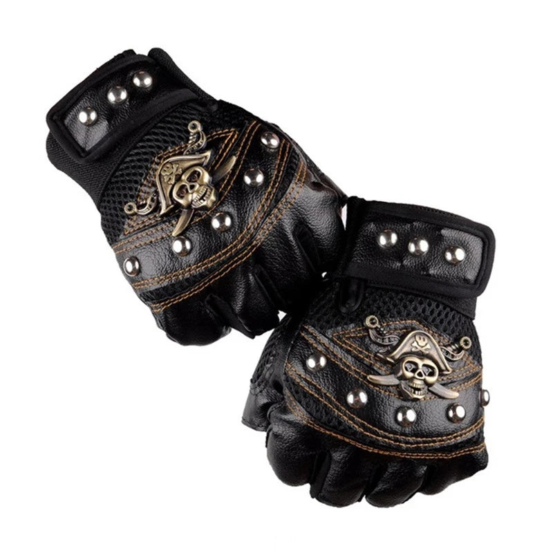 Punk Skull Rivet PU Leather Half-Finger Gloves – Fashion Hip Hop Anti-Slip Summer Cycling & Motorcycle Accessories for Men