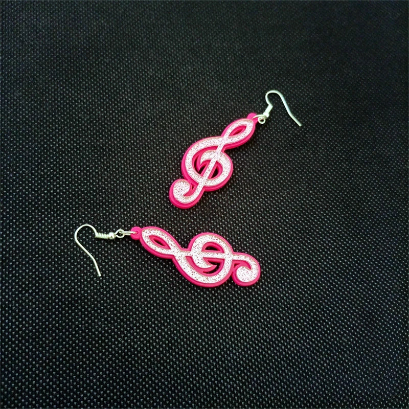 Pink Treble Clef Dangle Earrings - Glitter Acrylic, Cute Classic Fashion Jewelry Accessories by KUGUYS