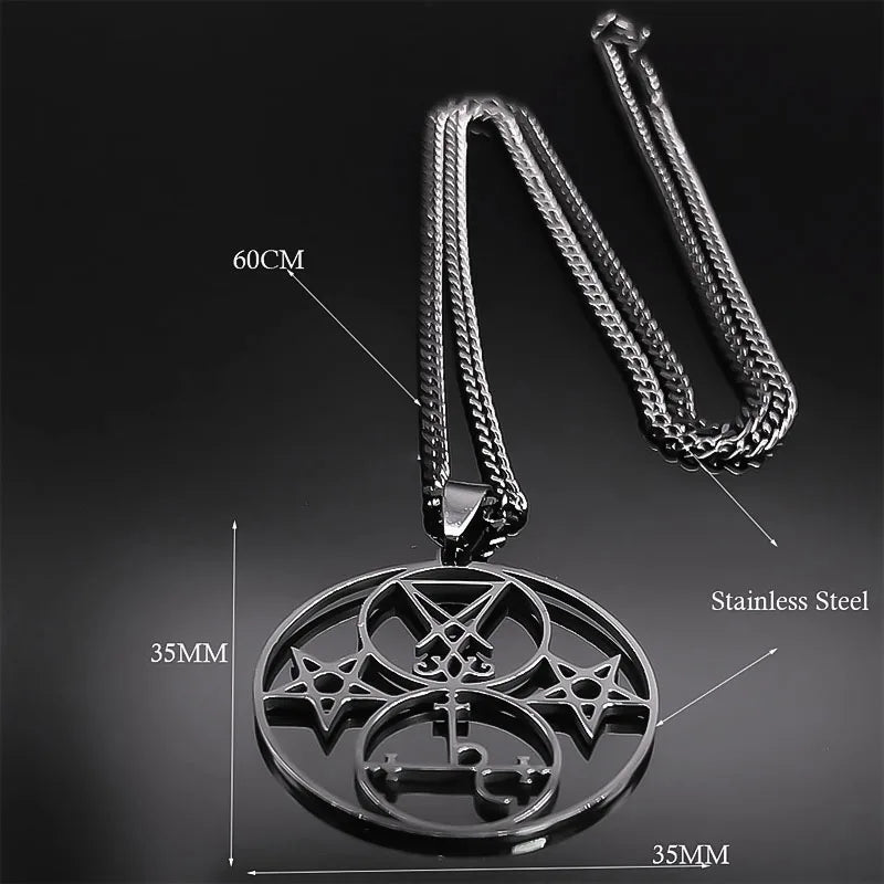 Lilith Pentacle Sigil of Lucifer Church Necklace - Stainless Steel Satan Demon Hollow Pentagram Round Necklaces, Goth Jewelry