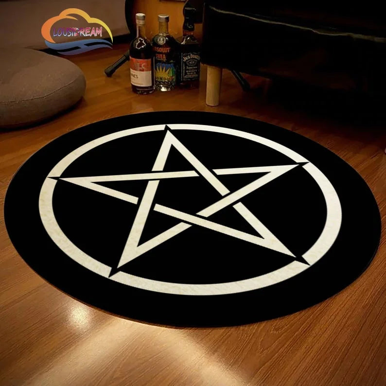 Pentacle Symbol Rug, Pentagram Patterned Round Carpet, Satan  Devil's Trap, White  on Black Supernatural Carpet