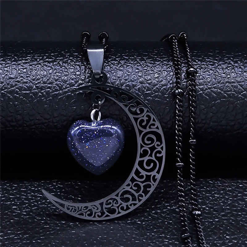 Black Stainless Steel Natural Stone Charm Necklace - Women's Moon Heart Jewelry