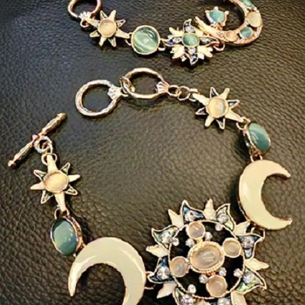 Bohemian Style Asymmetrical Sun, Moon, and Star Bracelet with Natural Rhinestones - Women’s Party Jewelry Gift