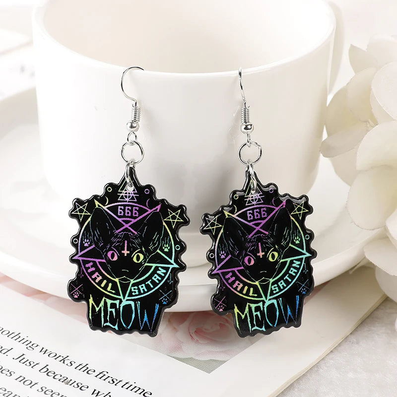 1Pair Creative Dangle Earrings Acrylic Black Cat Skull for Women Birthday Gift