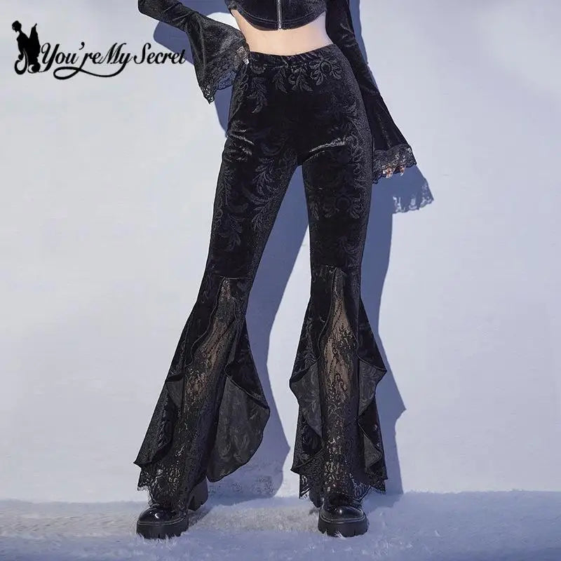 [You're My Secret] Women Pant Gothic Black Velvet Flare Pants Sexy Hollow Out Lace Patchwork Slim High Waist Retro Bell Bottom