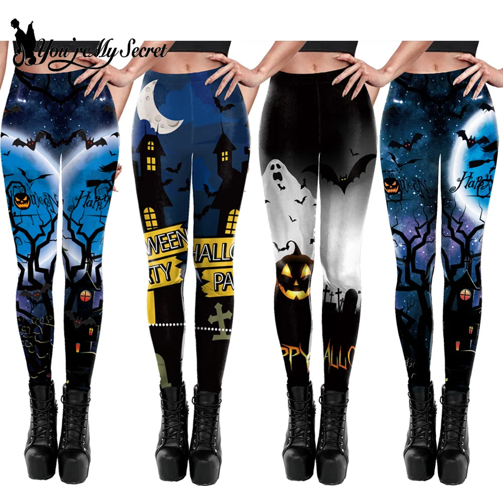 [You're My Secret] Women Skull Printed High Waist Stretch Pants Leggings Halloween Carnival Party Cosplay Costume Fancy Dress