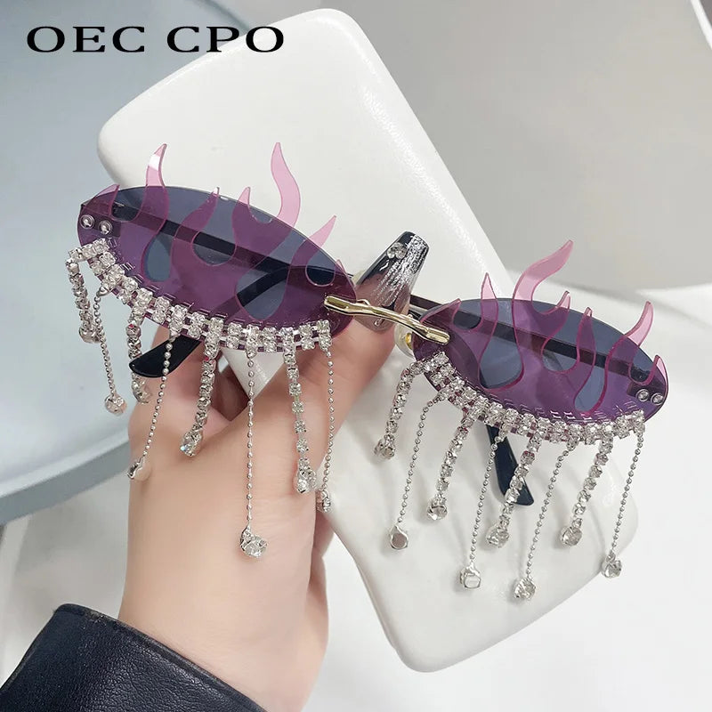 Fire Flame Sunglasses – Women’s Luxury Rhinestone Fashion Rimless Eyewear, Wave Shades, Shiny UV400 Sunglasses