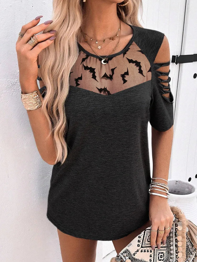 Yangelo 2024 Bat Print See Through Patchwork T-shirt Women's Summer Casual Hollow Short-sleeved Black Elegant Ladies' tops