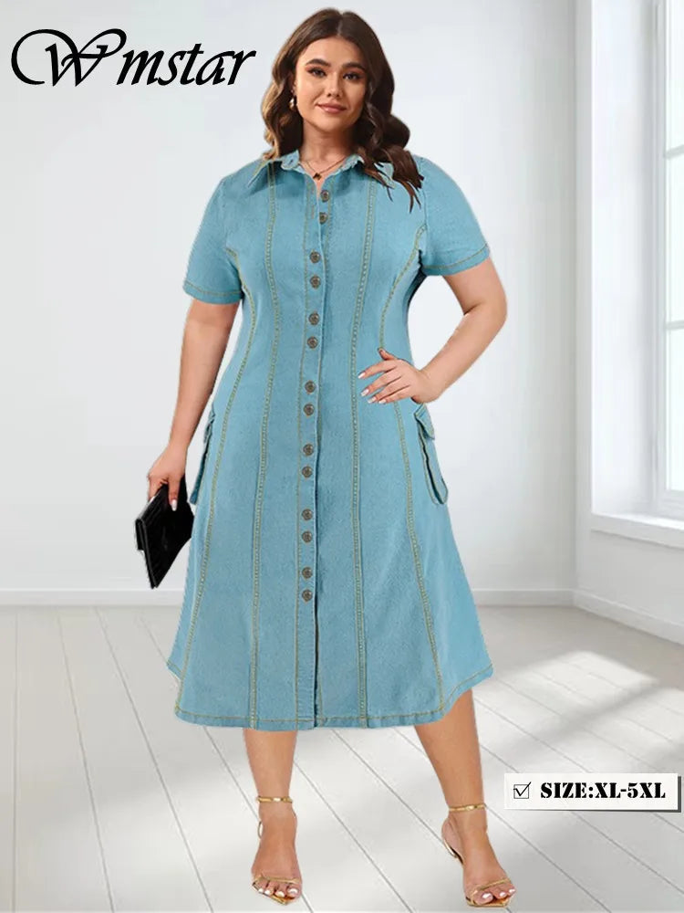 Wmstar Denim Plus Size Dresses for Women Summer Solid Button Fashion Elegant Pockets Shirts Maxi Dress  Wholesale Dropshipping