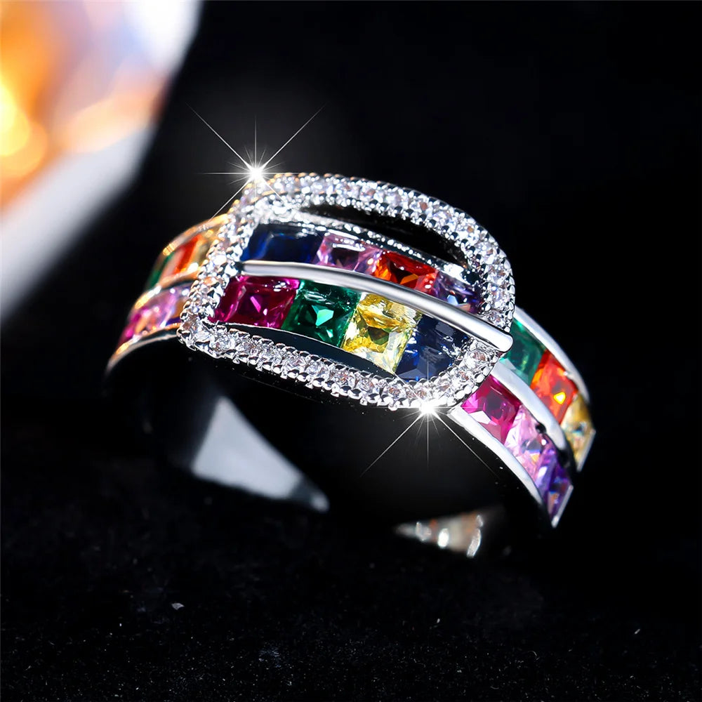 Cute Belt Buckle Female Rainbow Square Zircon Stone Adjustable Ring – Silver-Colored Jewelry for Women