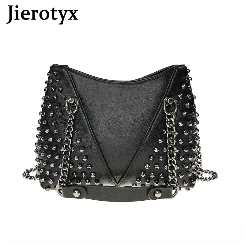 JIEROTYX Studded Shoulder Bag for Women Leather Punk Style Rock Rivet Crossbody Bag Handbag with Chain Wallet Purse for Girls