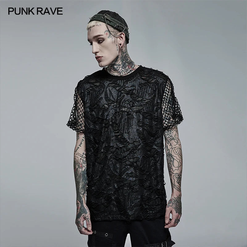 PUNK RAVE Men's Goth Daily Wear Knited Broken Holes Splices Mesh Short Sleeve T-shirt Fashion Personality Casual Loose Tees