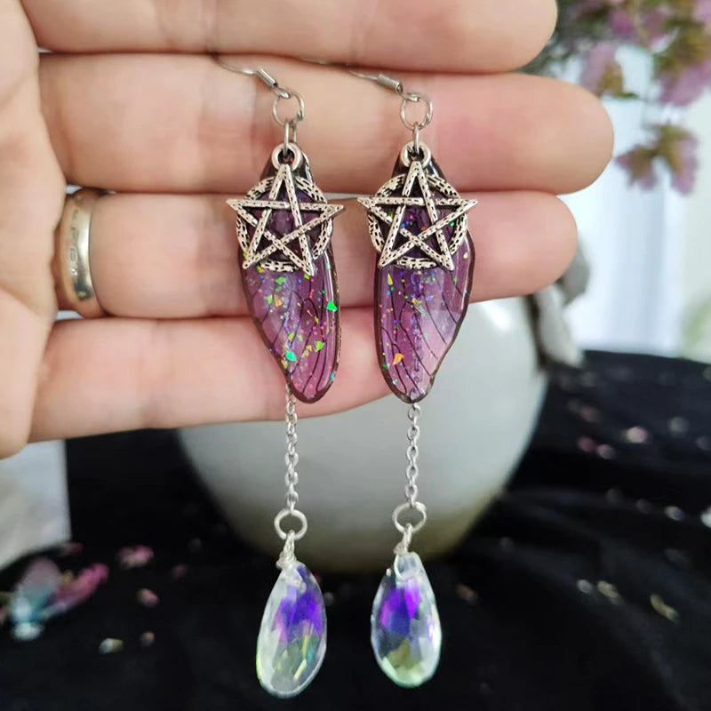 Crystal Pagan Pentagram Triple Moon Dangle Earrings – Butterfly Wing Drop Earrings for Women