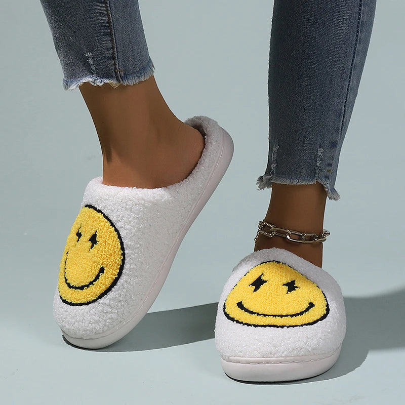 Cartoon Yellow Smile Slippers for Women 2023 - Winter Soft Sole Fluffy Fur Slippers, Flat Heel Plush Bedroom Home Cotton Shoes