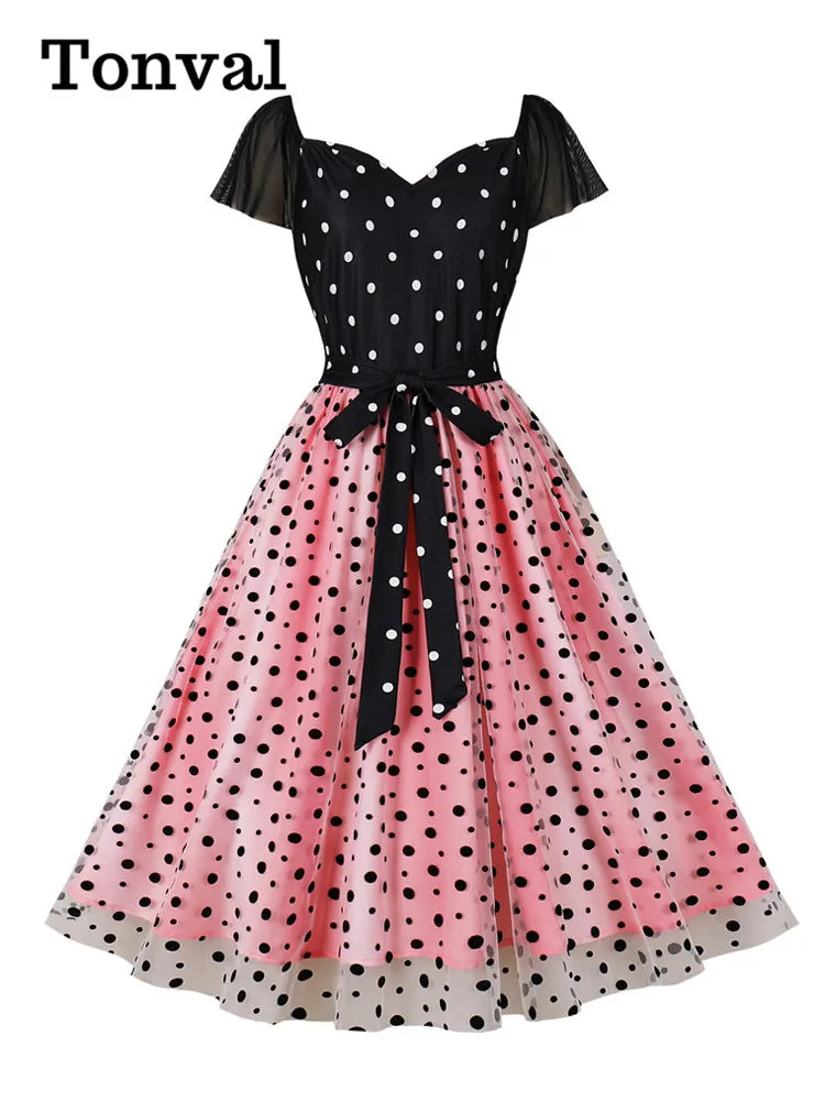 Tonval Two Tone Patchwork Polka Dot Mesh Women Long Dresses Sweetheart Neck Evening Prom Birthday Elegant Pleated Vintage Dress