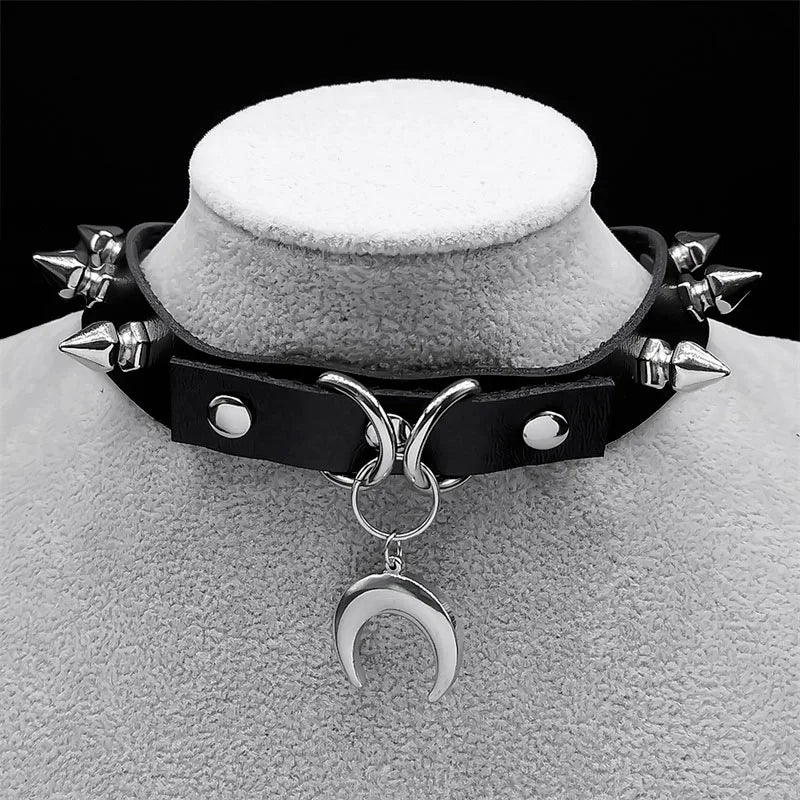 Punk Crescent Moon Harajuku Choker Goth Rivet Necklace Stainless Steel Pendant Pu Leather Chain Gothic Black Necklace Jewelry