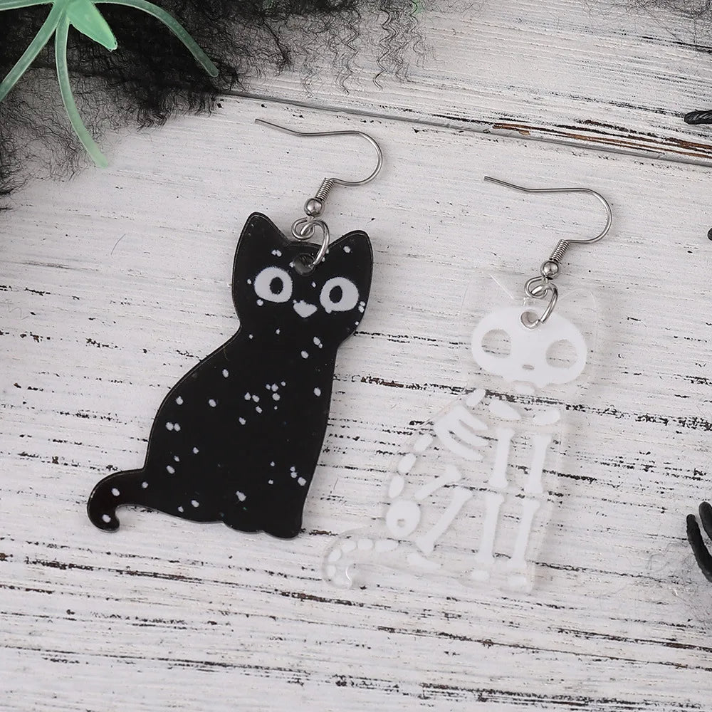 New Halloween Black and White Skeleton Cat Earrings | Transparent Acrylic Dark Party Decoration