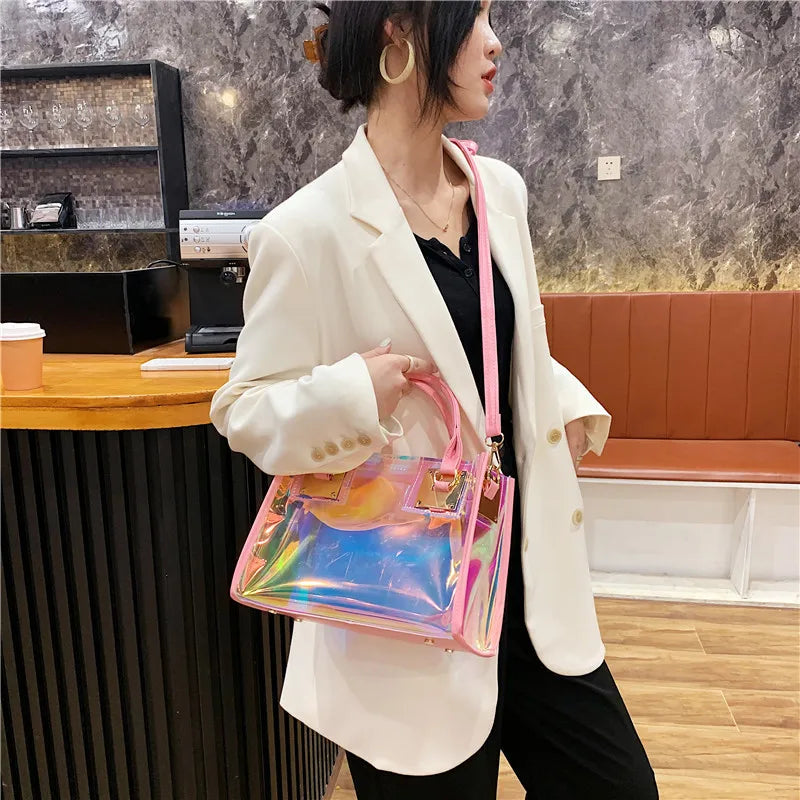 Fashion Laser PVC Jelly Tote Handbag for Women Large Capacity Transparent Top Handle Bags with Coin Wallet Lady Shopping Purse