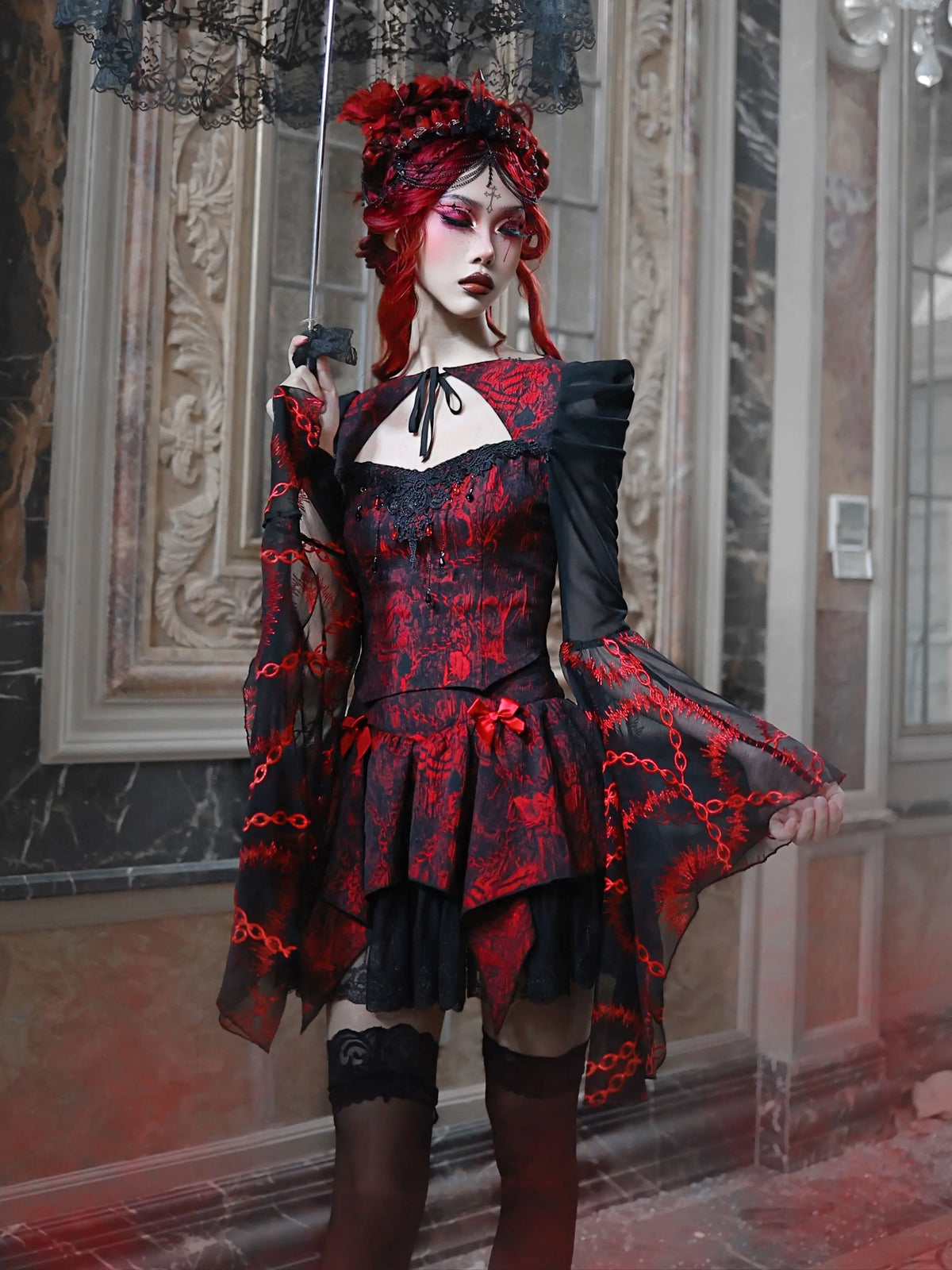 Blood Supply Original Gothic Blouse – Red & Black Rose Embroidered Lace, Long Flying Sleeves, Hollow Out Halloween Mesh Punk Top