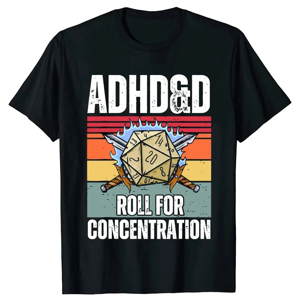 Retro Vintage ADHD&D Roll for Concentration Funny Gamer Dungeons Dragon DM Dice Unisex Crew Neck Short Sleeved Graphic T Shirt