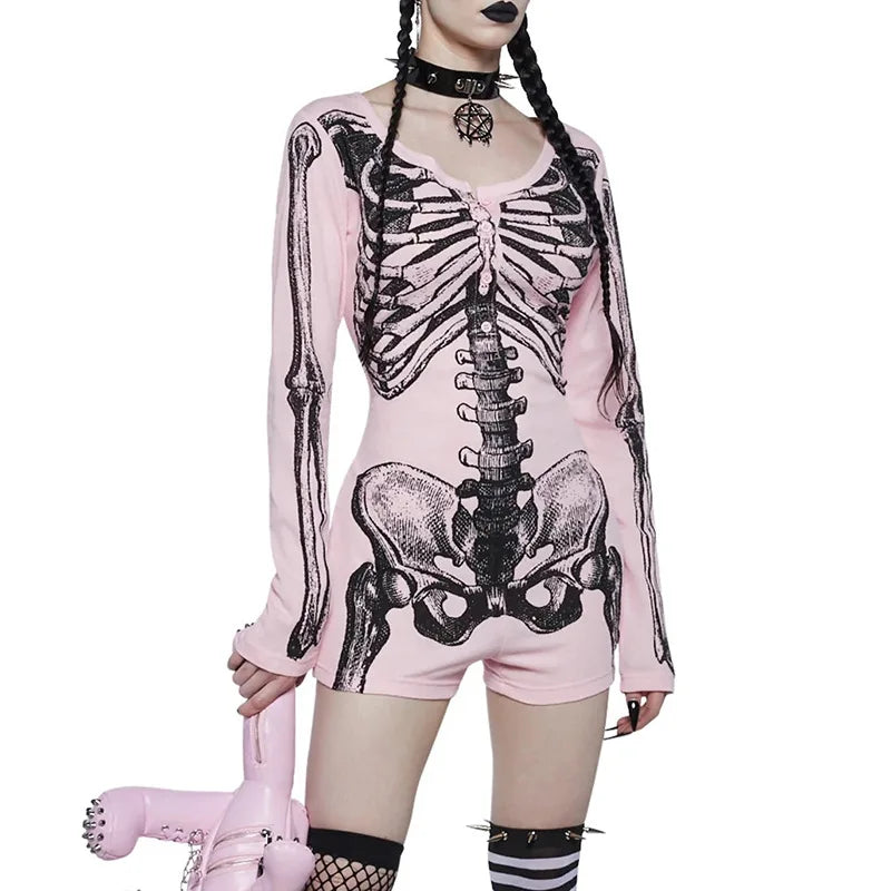 Goth Dark Skull Print Long Sleeve Playsuit – Gothic Button-Up Romper, Y2K Techwear Halloween Cosplay for Women