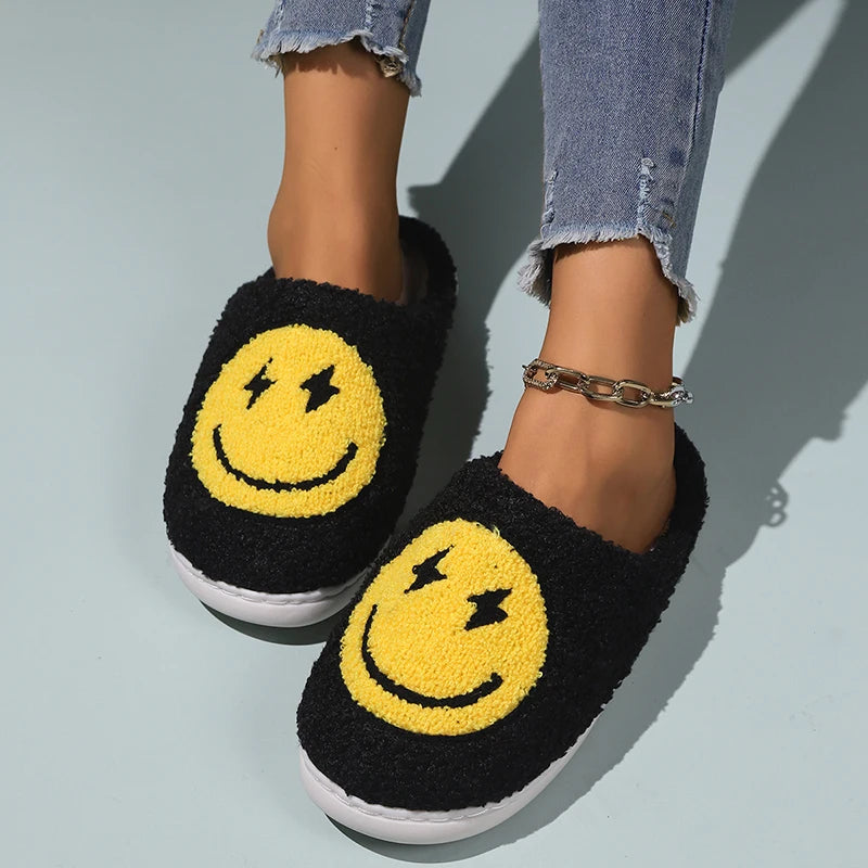 Cartoon Yellow Smile Slippers for Women 2023 - Winter Soft Sole Fluffy Fur Slippers, Flat Heel Plush Bedroom Home Cotton Shoes