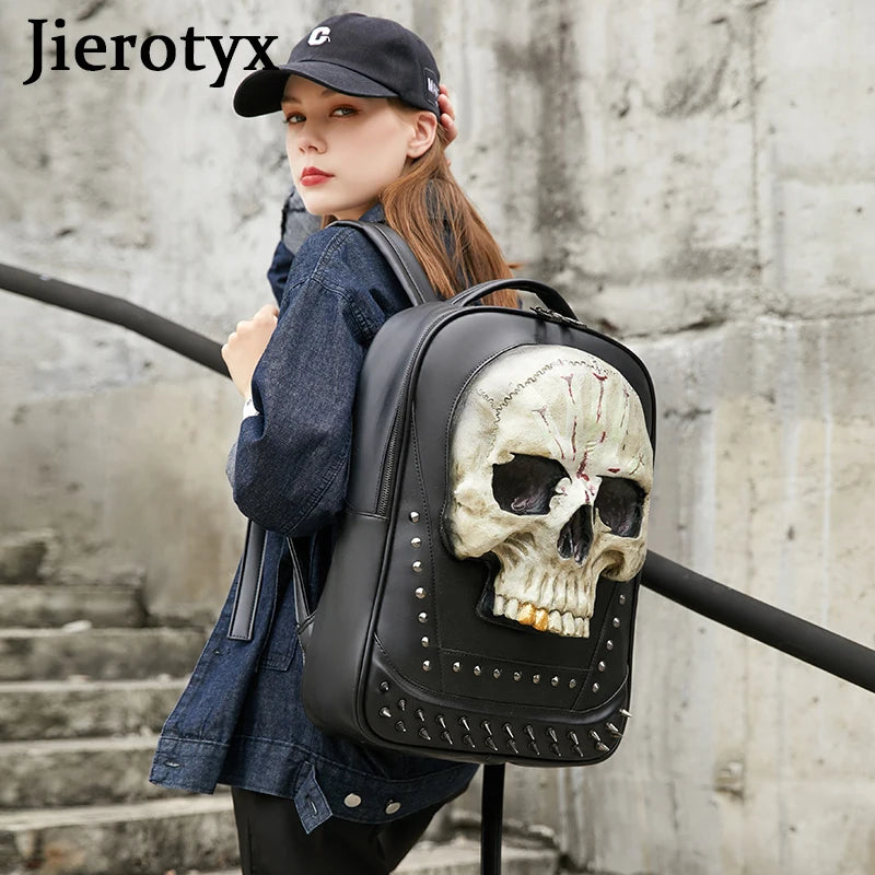 JIEROTYX 3D Skull Backpack - Women's Gothic Style Luminous Large Capacity Retro Rivet Travel Bag for Girls, Computer Laptop Backpack