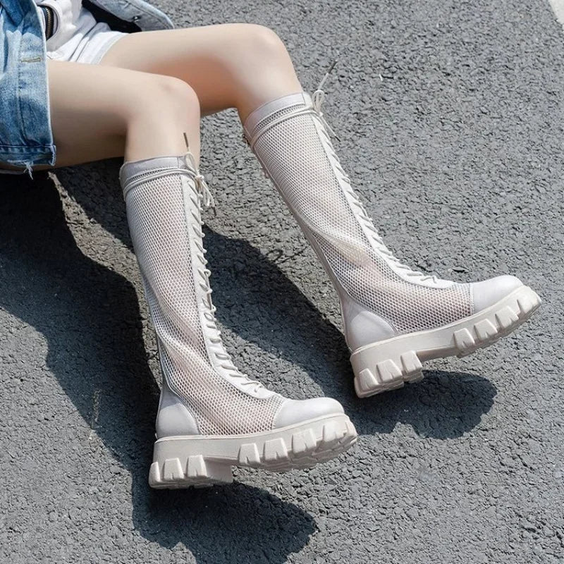 Summer Boots Women Chunky Heel Knee-length Platform Woman Female Round Toe Zipper Sandals Mesh Ladies Fashion Comfort Shoes